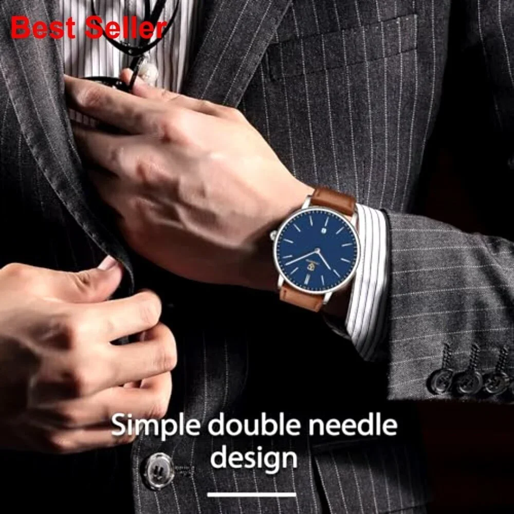 Extremely Thin Minimalist Analog Leather Wrist Watch with Date